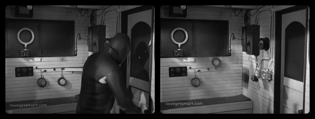 A case of now you them, now you don't. The bullet holes in the door on the left disappear AFTER Max shoots at the Kaos agent. 